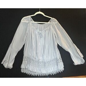 Silk Women's Grey Blouse Bell Sleeves Lace/crochet Trim Dream Fairy